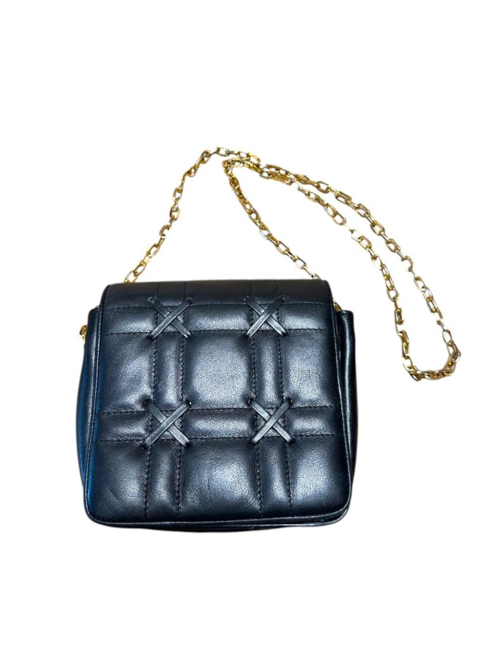 Mano Black Leather Crossbody Bag Quilted X-Lace Gold Chain Purse 8"